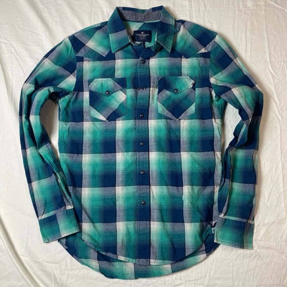 American Eagle Outfitters Slim Fit Plaid Long Sleeve Western Snap Shirt S (1368)